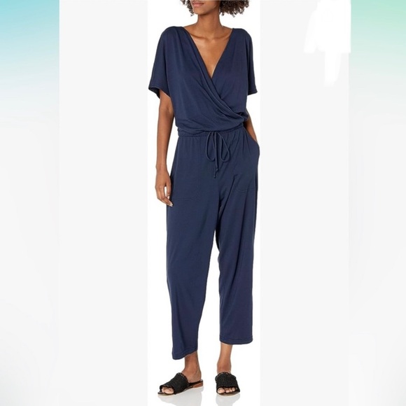 Michael Stars Women’s Blue Chelan Faux Wrap Front Jumpsuit Short Sleeve Cotton S - Picture 1 of 10
